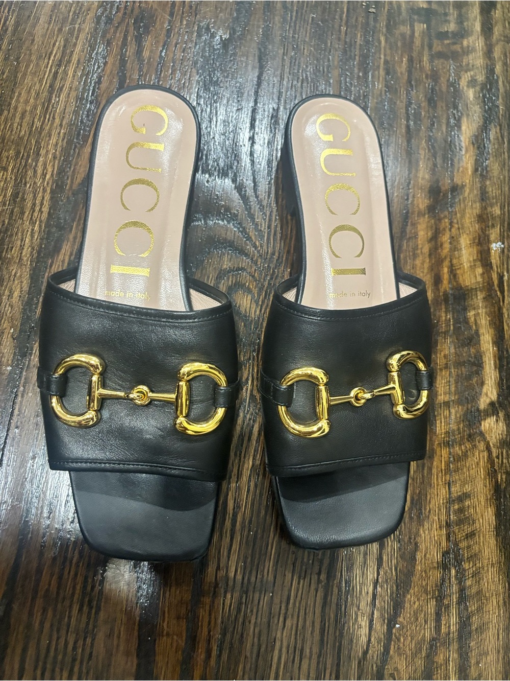 Gucci Black Leather Horsebit Slides with Gold Hardware